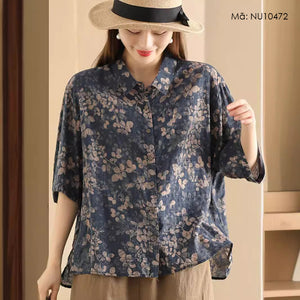 Áo sơ mi linen ngắn tay cổ đức in retro vạt bằng - NU10472