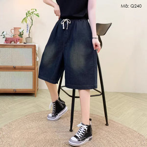 Quần sooc denim lưng thun dây rút ống rộng - Q240