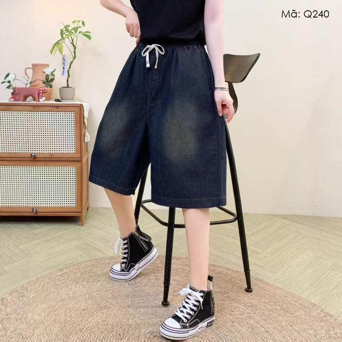 Quần sooc denim lưng thun dây rút ống rộng - Q240
