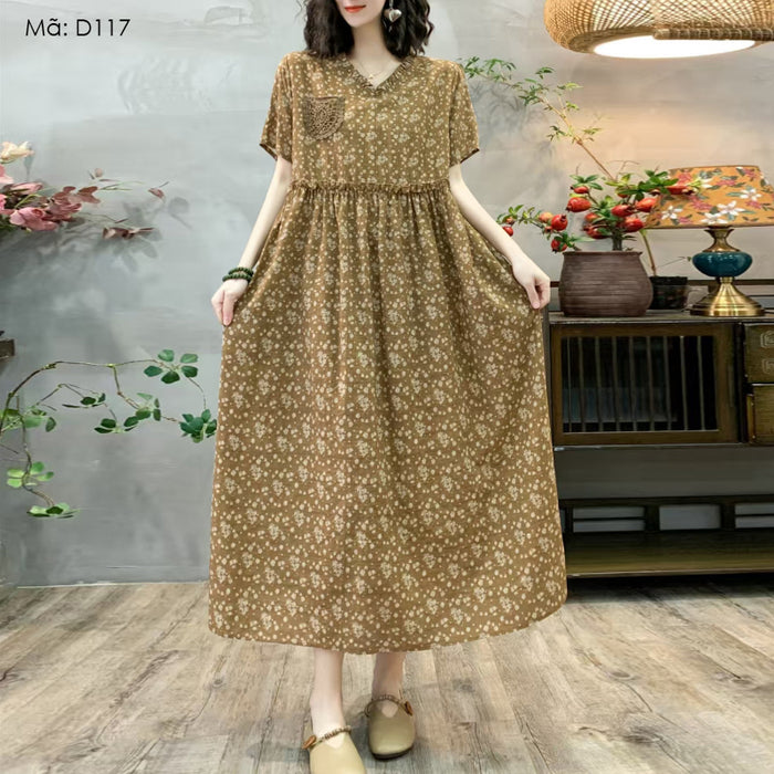 Đầm liền linen ngắn tay cổ V in hoa văn thêu một túi - D117