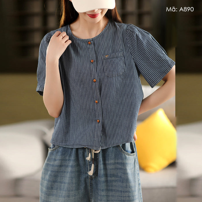 Áo sơ mi ngắn tay cổ tròn kẻ sọc một túi - A890