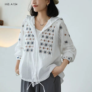 Áo khoác cardigan dài tay có mũ thêu hoa văn retro - A154