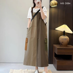 Đầm yếm hai mảng màu túi lớn - D084
