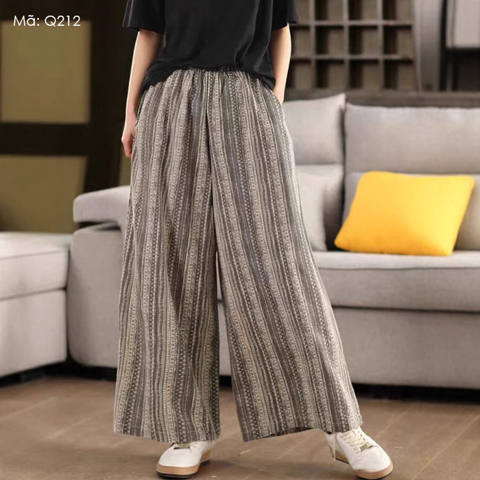 Quần baggy linen lưng thun ống rộng in hoa văn thổ cẩm - Q212