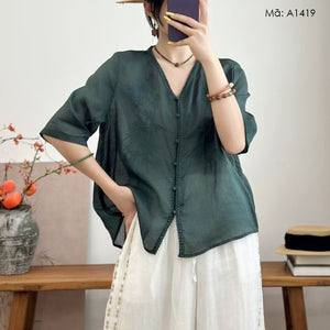 Áo sơ mi linen ngắn tay thêu cổ V - A1419
