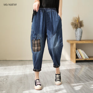 Quần baggy denim lưng thun một túi caro - NU8769