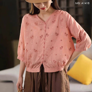 Áo sơ mi linen tay lửng thêu hoa liti - A1418