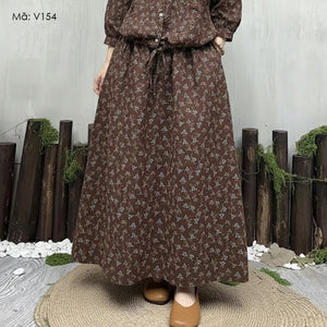 Chân váy linen hoa văn retro - V154