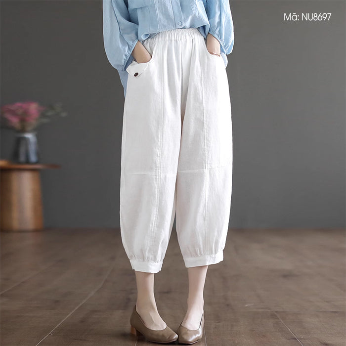 Quần baggy linen lưng thun ống côn túi đính nắp kiểu - NU8697