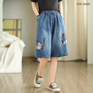 Quần sooc denim thêu chú mèo - Q420