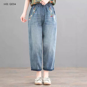 Quần baggy denim lưng thun thêu chùm dâu - Q034