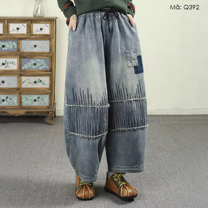 Quần baggy denim lửng thêu ziczac - Q392