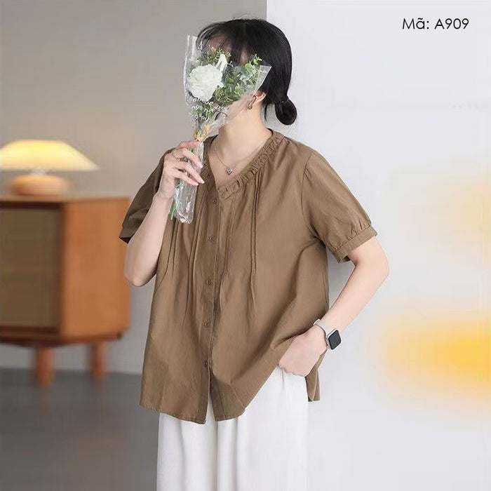 Áo sơ mi ngắn tay cổ V xếp ly đơn sắc - A909