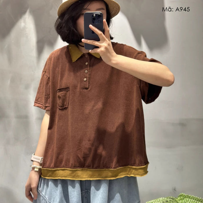 Áo T-shirt ngắn tay cổ đức phối lệch màu một túi nhỏ - A945