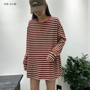 Áo T-shirt dài tay cổ tròn form dài kẻ sọc - A145