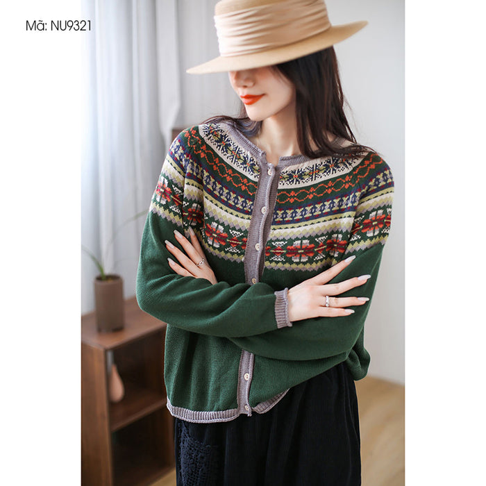 Áo khoác cardigan len đan dài tay cổ tròn hoa văn retro - NU9321