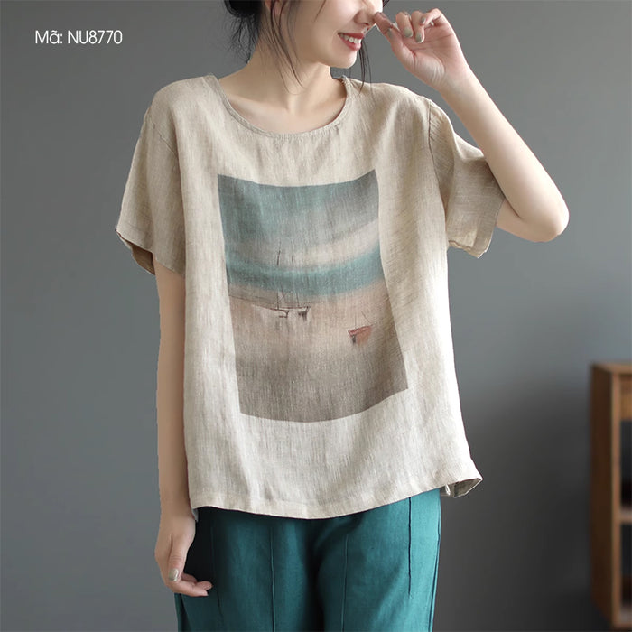 Áo T-shirt linen ngắn tay cổ tròn in phong cảnh - NU8770