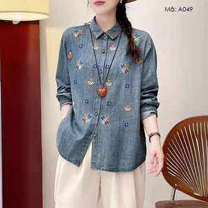 Áo sơ mi denim dài tay cổ đức thêu retro - A049