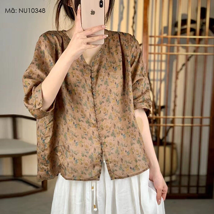 Áo sơ mi linen ngắn tay cổ V in retro nhiều khuy - NU10348