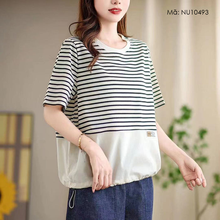 Áo T-shirt ngắn tay cổ tròn kẻ sọc dây rút - NU10493