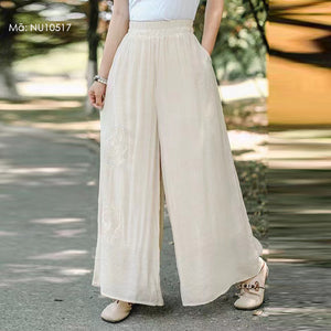 Quần baggy linen lưng cao thun thêu hoa văn tròn retro - NU10517