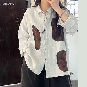 Áo sơ linen dài tay cổ đức in mảng màu retro - A973