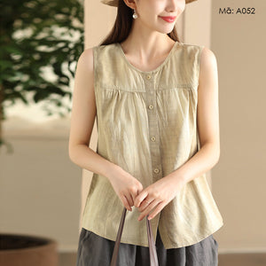 Áo sơ mi linen sát nách cổ tròn - A052