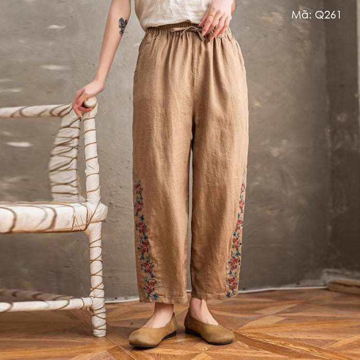 Quần baggy linen lửng lưng thun dây rút thêu đối xứng - Q261