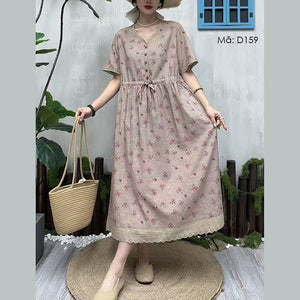 Đầm liền linen ngắn tay in hoa - D159