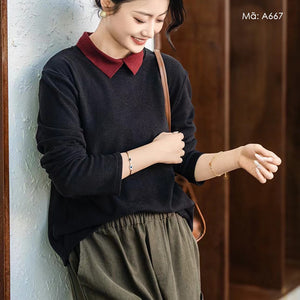 Áo len Cashmere dài tay cổ đức lệch màu - A667