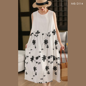 Đầm liền linen sát nách cổ tròn thêu hoa lá - D114