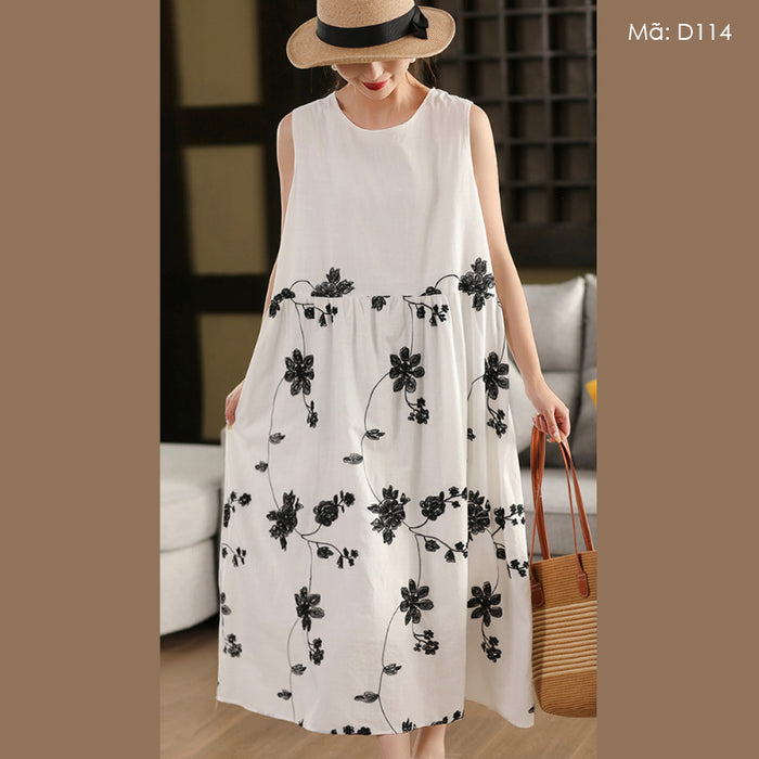 Đầm liền linen sát nách cổ tròn thêu hoa lá - D114