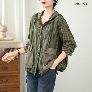 Áo khoác sơ mi dài tay kẻ sọc có mũ - A976