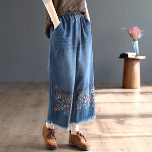 Quần baggy denim lưng thun thêu hoa văn retro gấu tua rua - NU8875