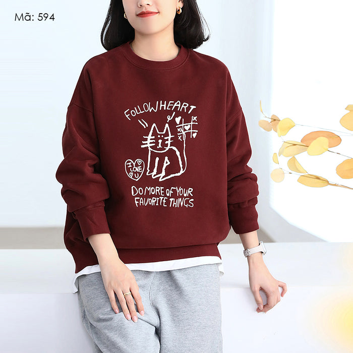 Áo T-shirt nỉ dài tay cổ tròn lót lông in chú mèo - A594