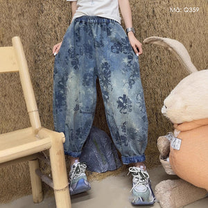 Quần baggy denim lửng in hoa - Q359