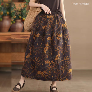 Chân váy linen retro lưng thun in hoa mùa xuân - NU9840