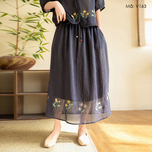 Chân váy linen thêu hoa lá - V163