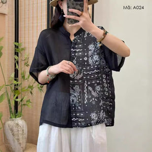 Áo sơ mi linen ngắn tay cổ đứng in retro - A024