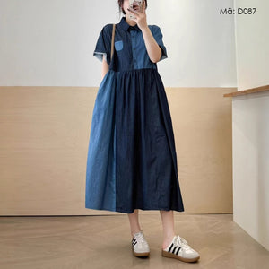 Đầm liền denin kiểu sơ mi ngắn tay cổ đức phối hai màu - D087