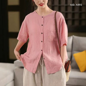 Áo sơ mi linen ngắn tay cổ tròn túi vuông đơn sắc - A895