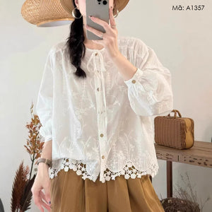 Áo sơ mi dài tay thêu hoa lá - A1357 - kamaka.vn