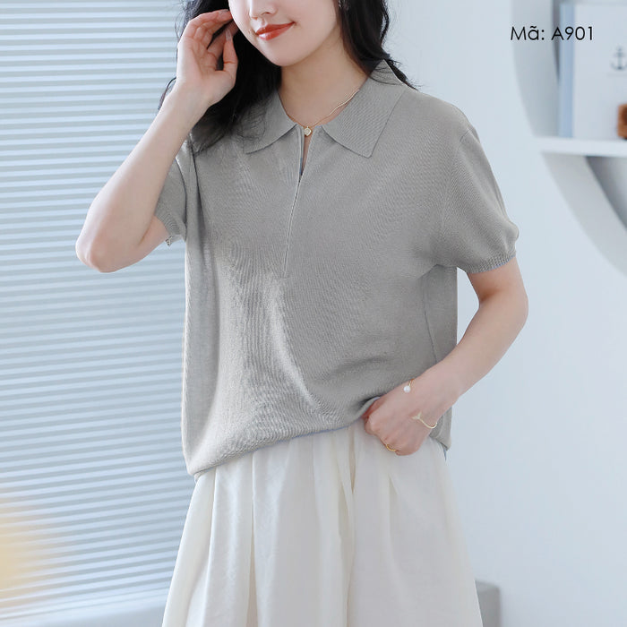 Áo T-shirt dệt kim ngắn tay cổ đức khóa kéo - A901