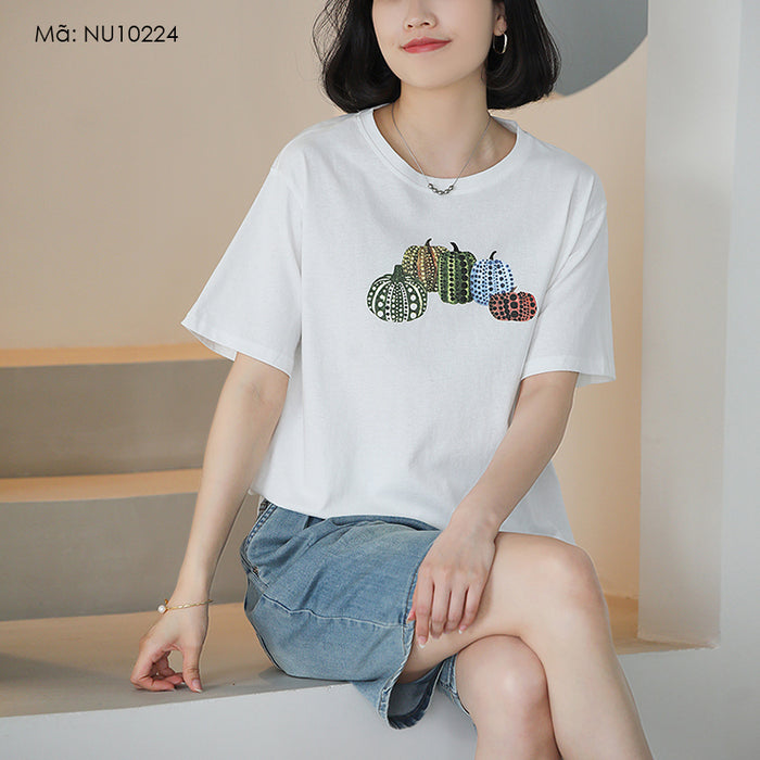 Áo T-shirt ngắn tay cổ tròn in bí ngô - NU10224