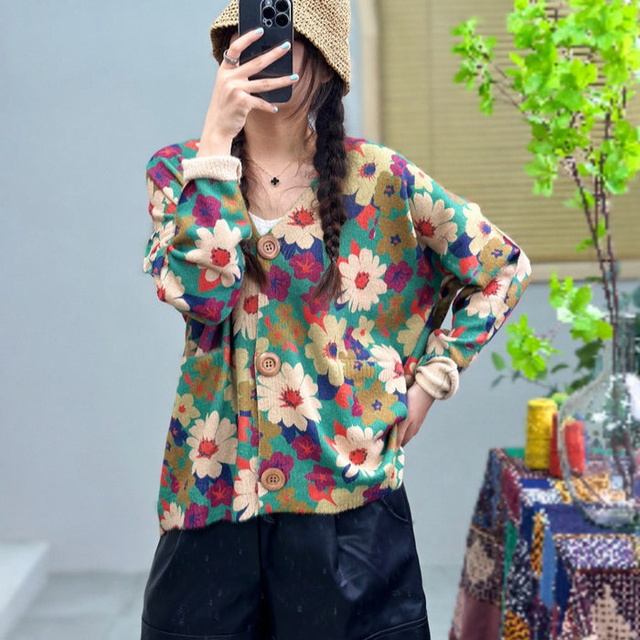 Áo len cardigan dài tay cổ V in hoa sắc màu - A507