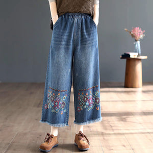 Quần baggy denim lưng thun thêu hoa văn retro gấu tua rua - NU8875