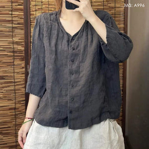 Áo sơ mi linen tay lửng cổ V - A996