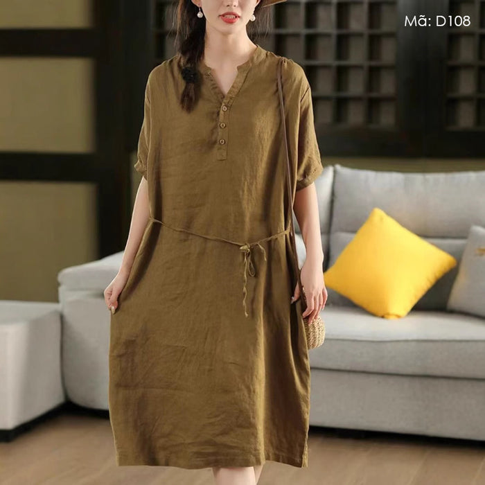Đầm liền linen ngắn tay cổ V đơn sắc - D108