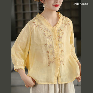 Áo sơ mi linen tay lửng thêu hoa lá - A1552