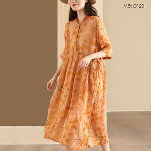 Đầm liền linen ngắn tay cổ V - D120